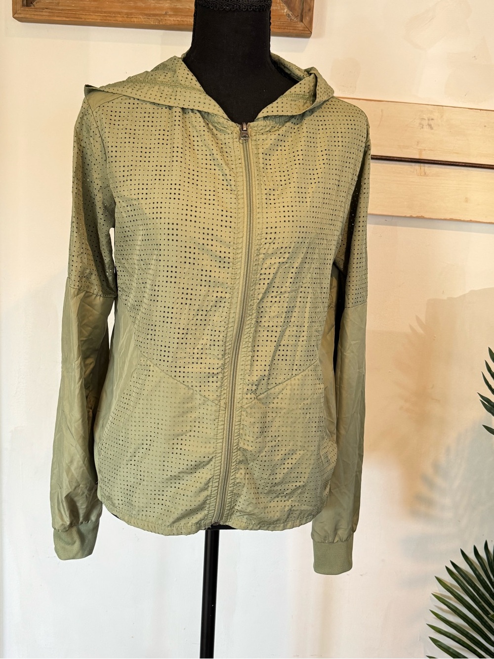 Daisy Fuentes Olive Green Hooded Perforated Zip Jacket